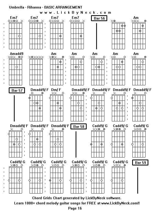 Chord Grids Chart of chord melody fingerstyle guitar song-Umbrella - Rihanna - BASIC ARRANGEMENT,generated by LickByNeck software.